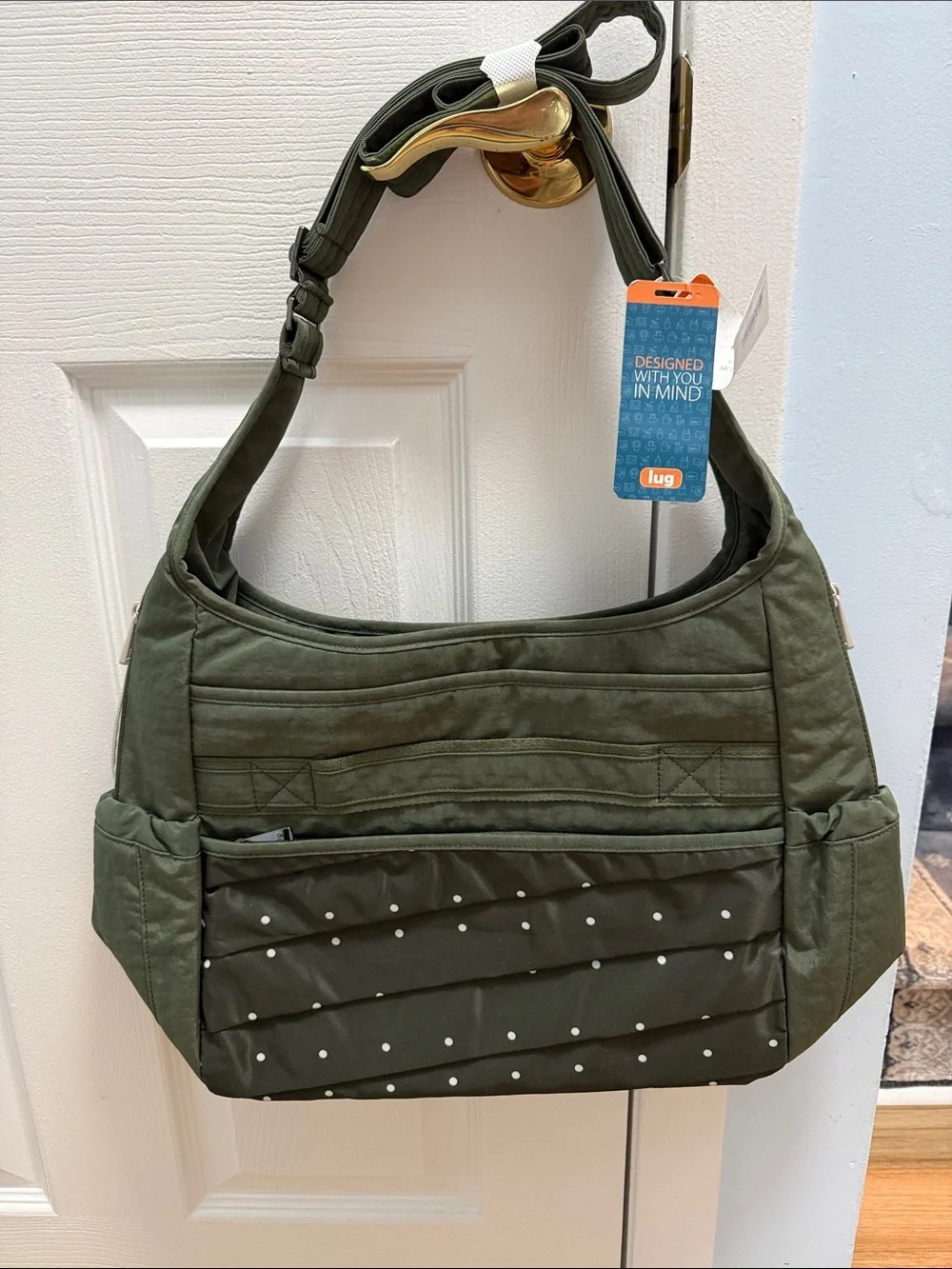 lug Olive Green Quilted Shoulder Bag with White Dot Accents